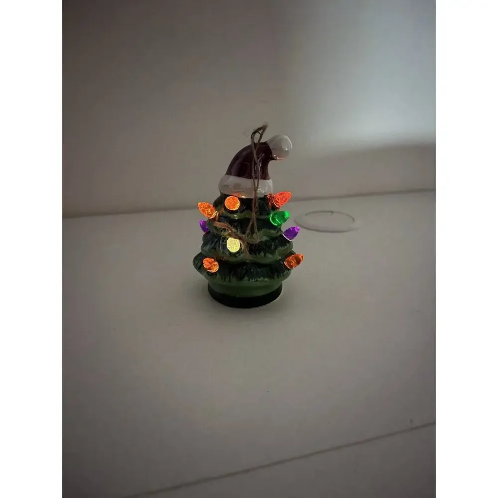 Green Ceramic Christmas Tree Light Up Ornament Santa Hat Working! VTG Xmas
